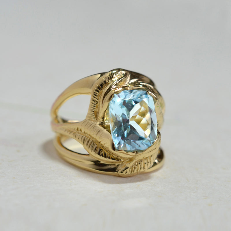 CAHYA Handcarved Botanical Cocktail Ring with Cushion Cut Gemstone