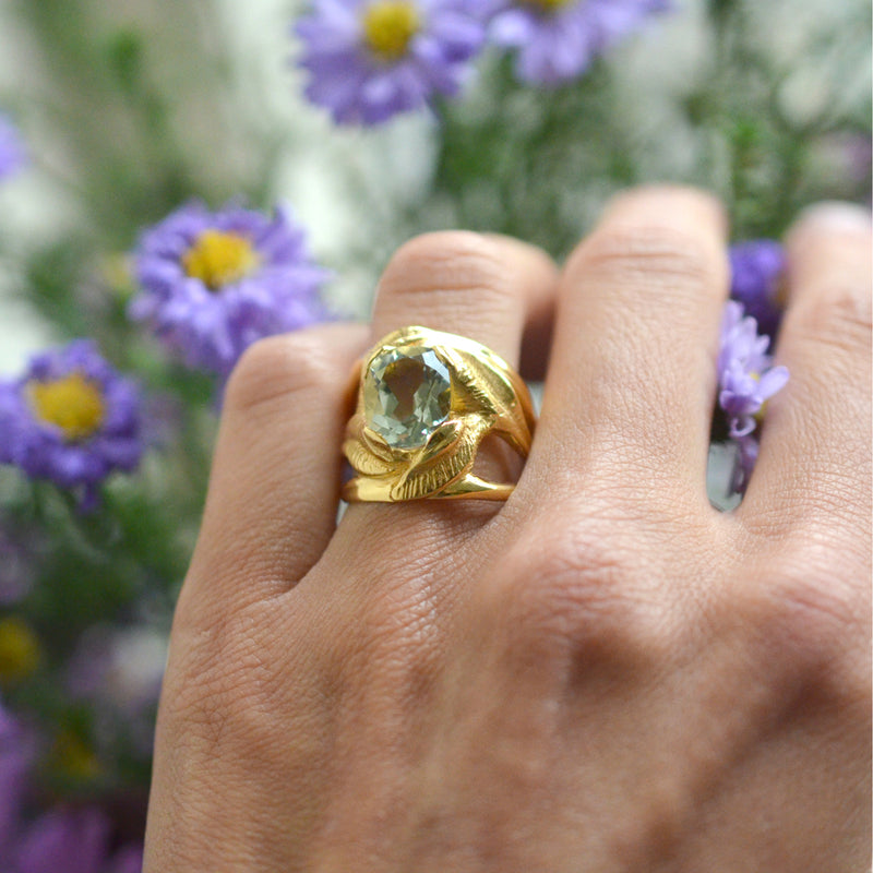 CAHYA Handcarved Botanical Cocktail Ring with Gemstone